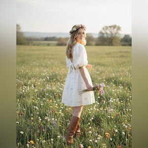 Floral Embroidered English Puff-Sleeve Mini Dress